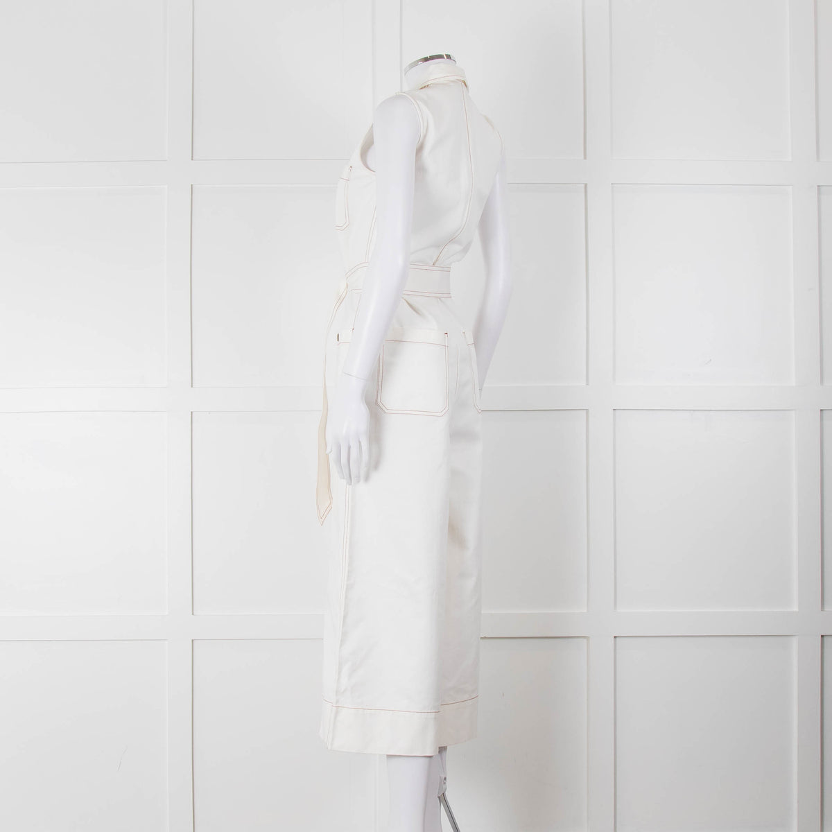ME + EM Cream Brown Stitch Sleeveless Belted Jumpsuit