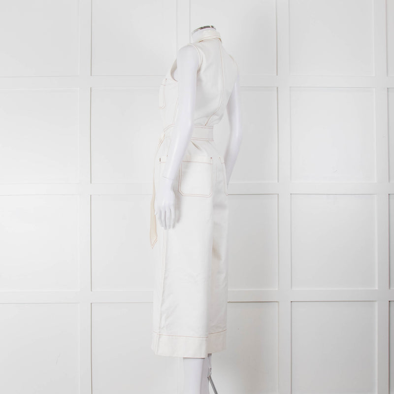 ME + EM Cream Brown Stitch Sleeveless Belted Jumpsuit