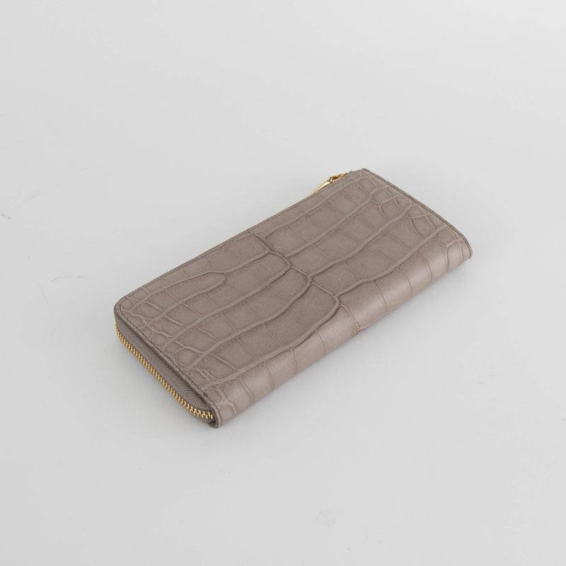 Smythson Taupe Croc Embossed Zip Up Long Wallet