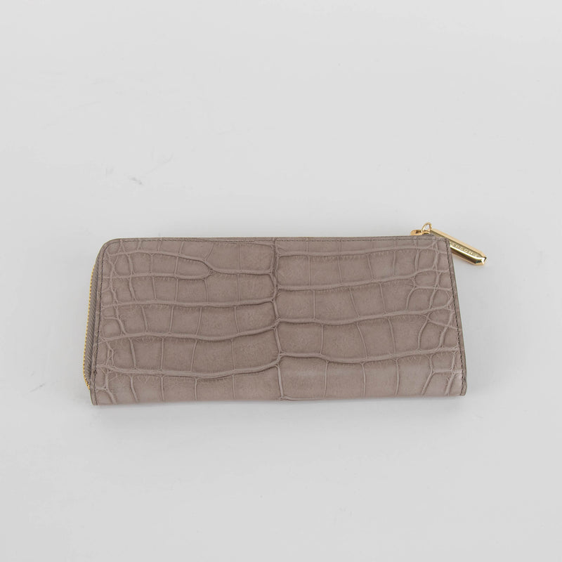 Smythson Taupe Croc Embossed Zip Up Long Wallet