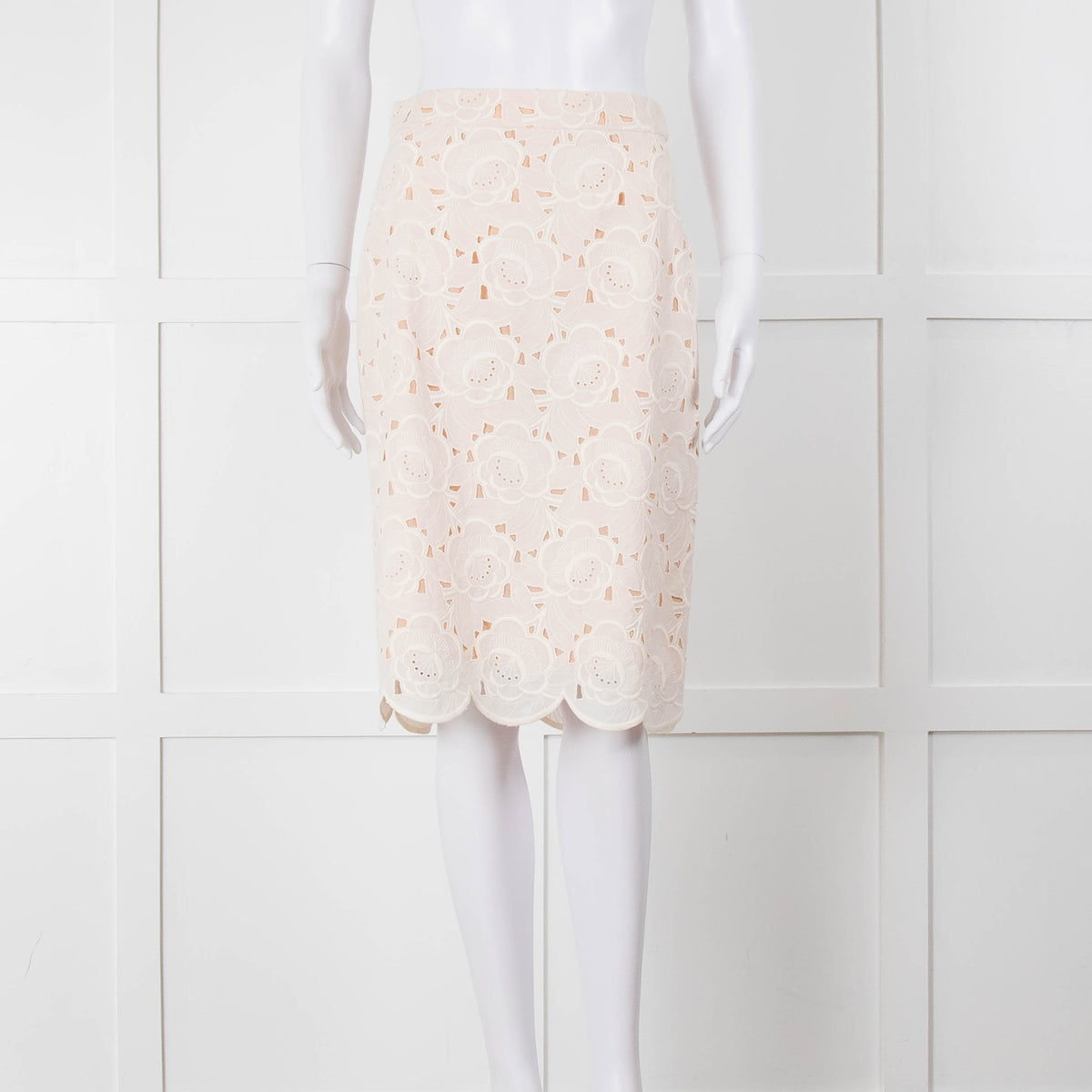 J Crew White Laser Cut Peach Lining  Cotton Midi Skirt