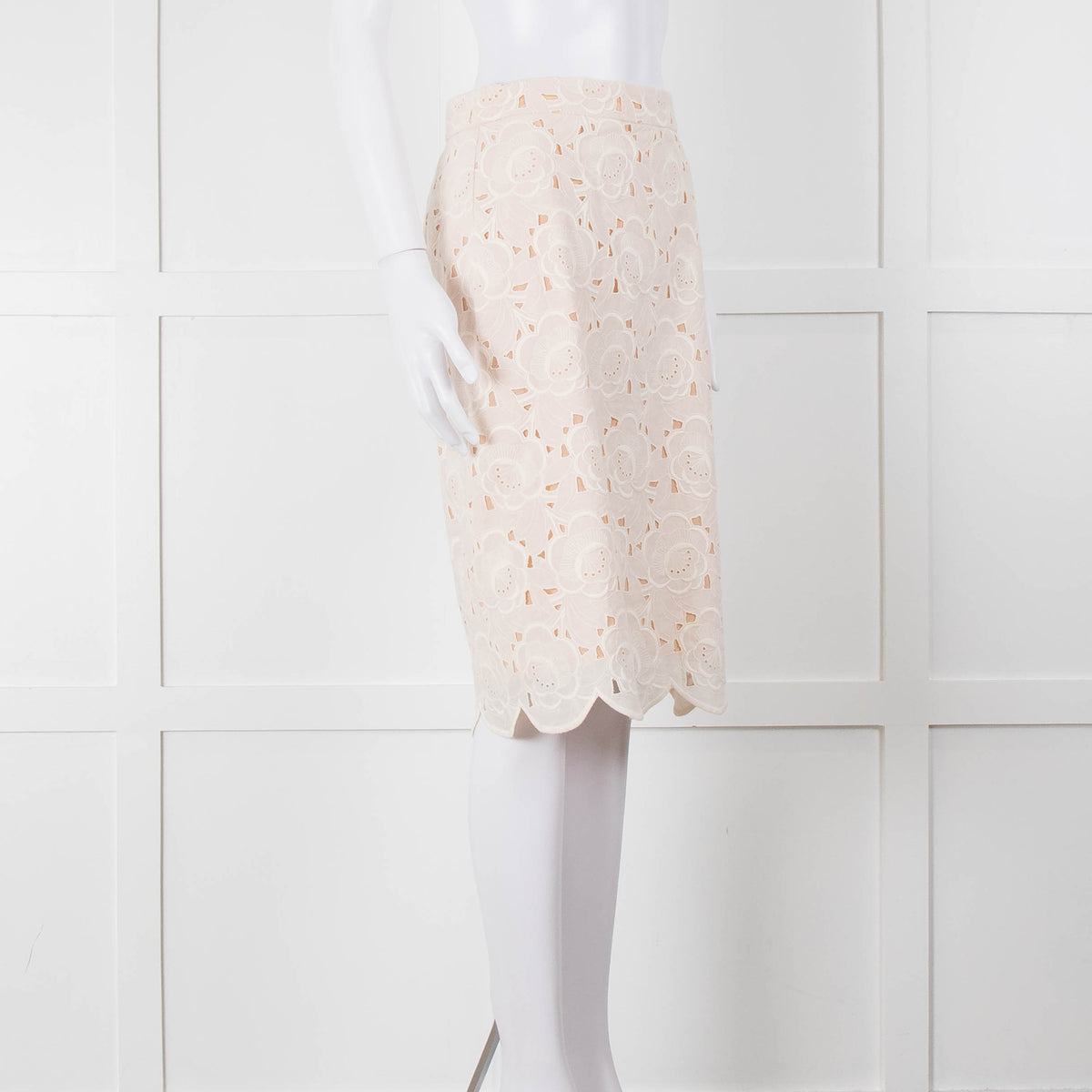 J Crew White Laser Cut Peach Lining  Cotton Midi Skirt