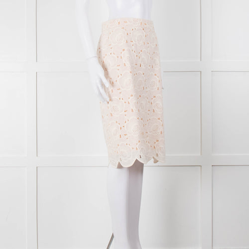 J Crew White Laser Cut Peach Lining  Cotton Midi Skirt