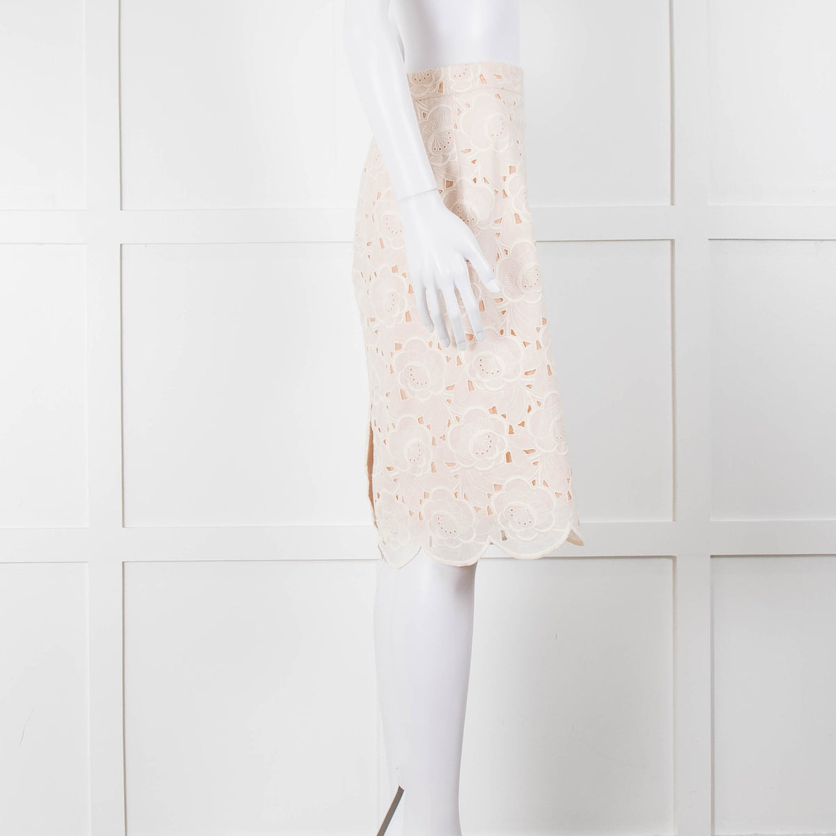 J Crew White Laser Cut Peach Lining  Cotton Midi Skirt