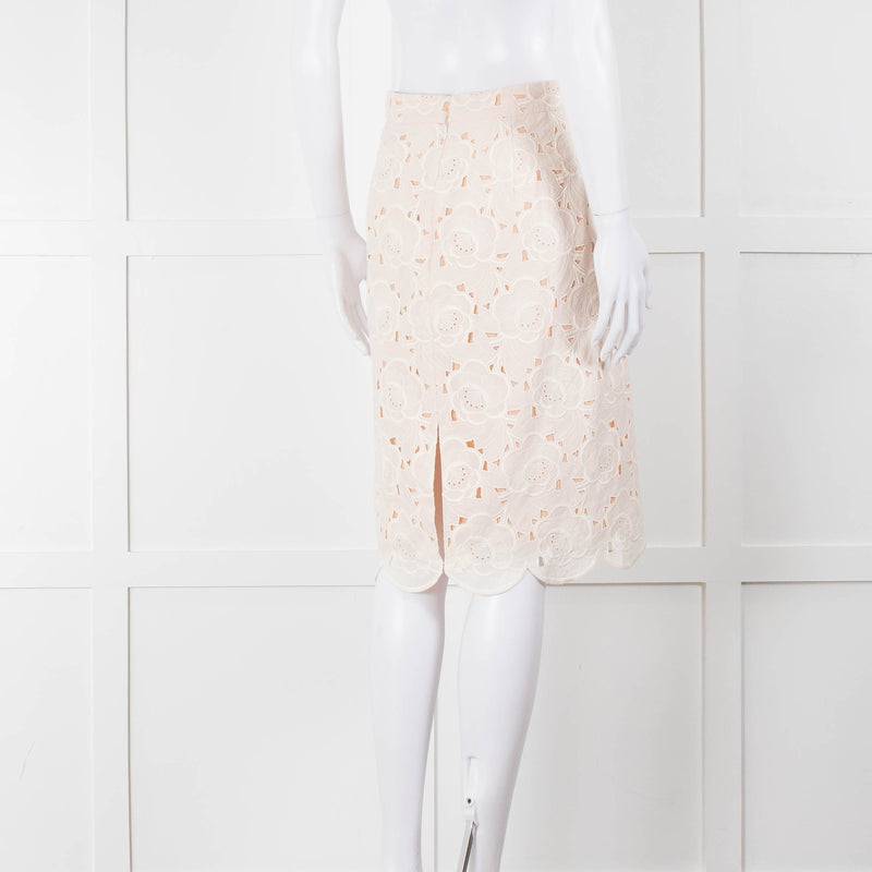 J Crew White Laser Cut Peach Lining  Cotton Midi Skirt