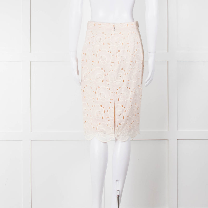 J Crew White Laser Cut Peach Lining  Cotton Midi Skirt
