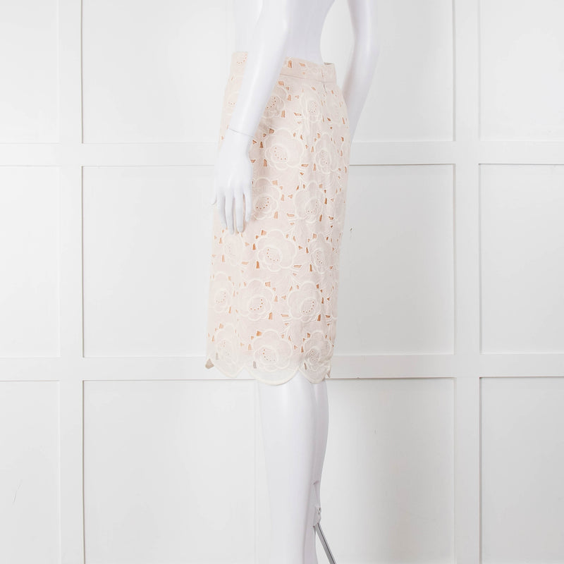 J Crew White Laser Cut Peach Lining  Cotton Midi Skirt