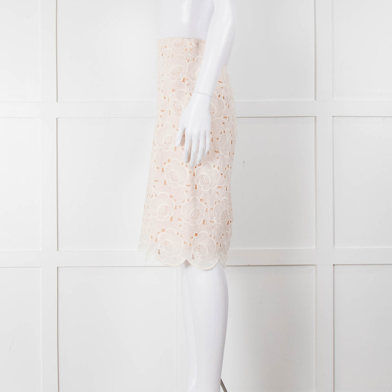 J Crew White Laser Cut Peach Lining  Cotton Midi Skirt