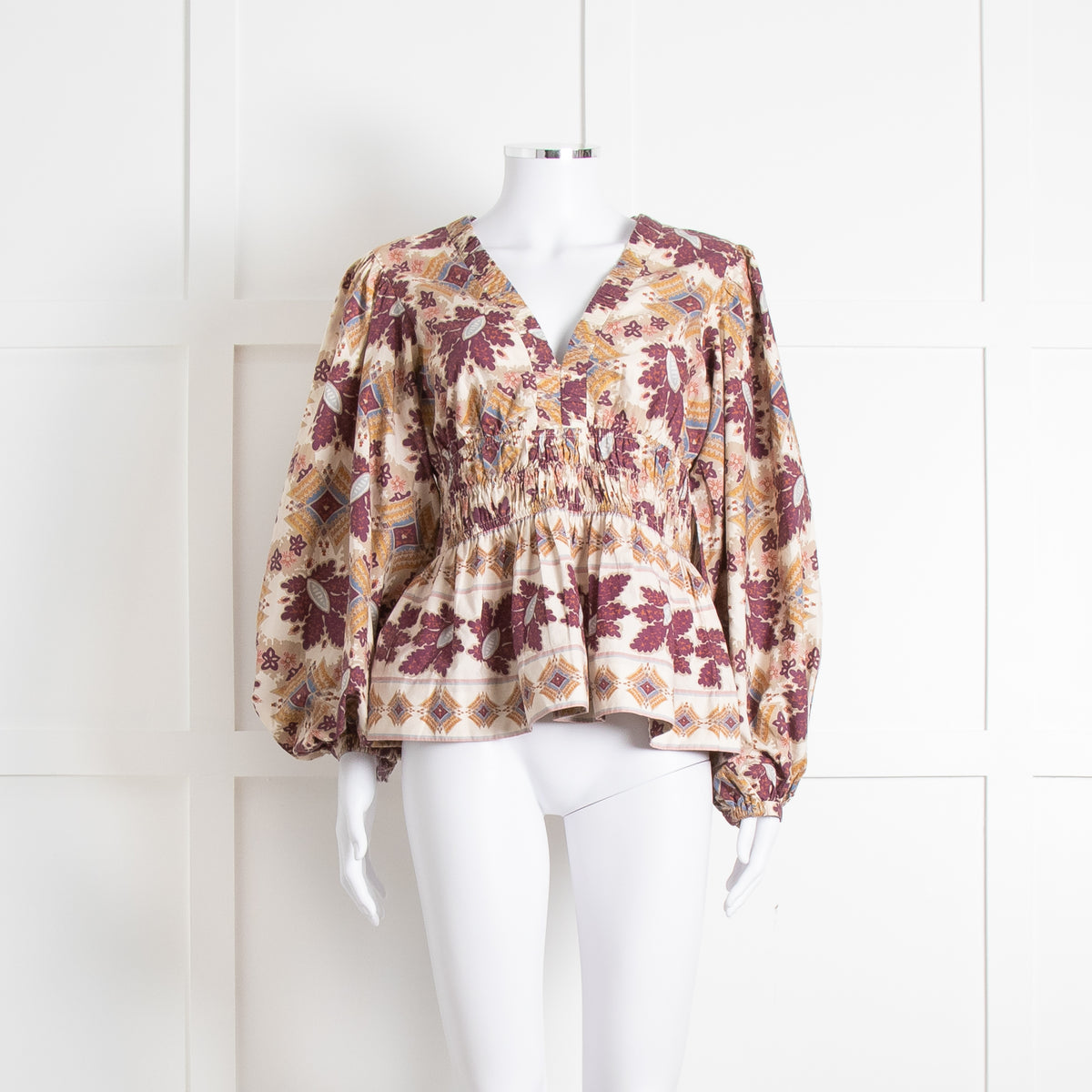 Cara Cara Cream Burgundy Brown Elasticated Waist Long Sleeve Cotton Top
