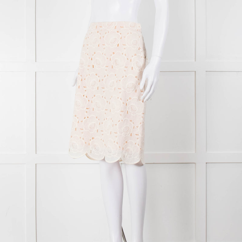 J Crew White Laser Cut Peach Lining  Cotton Midi Skirt