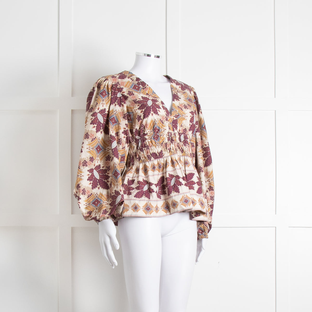 Cara Cara Cream Burgundy Brown Elasticated Waist Long Sleeve Cotton Top