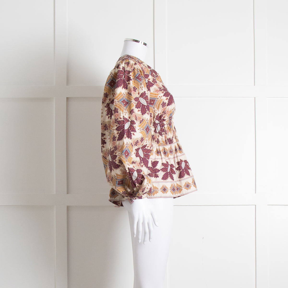 Cara Cara Cream Burgundy Brown Elasticated Waist Long Sleeve Cotton Top