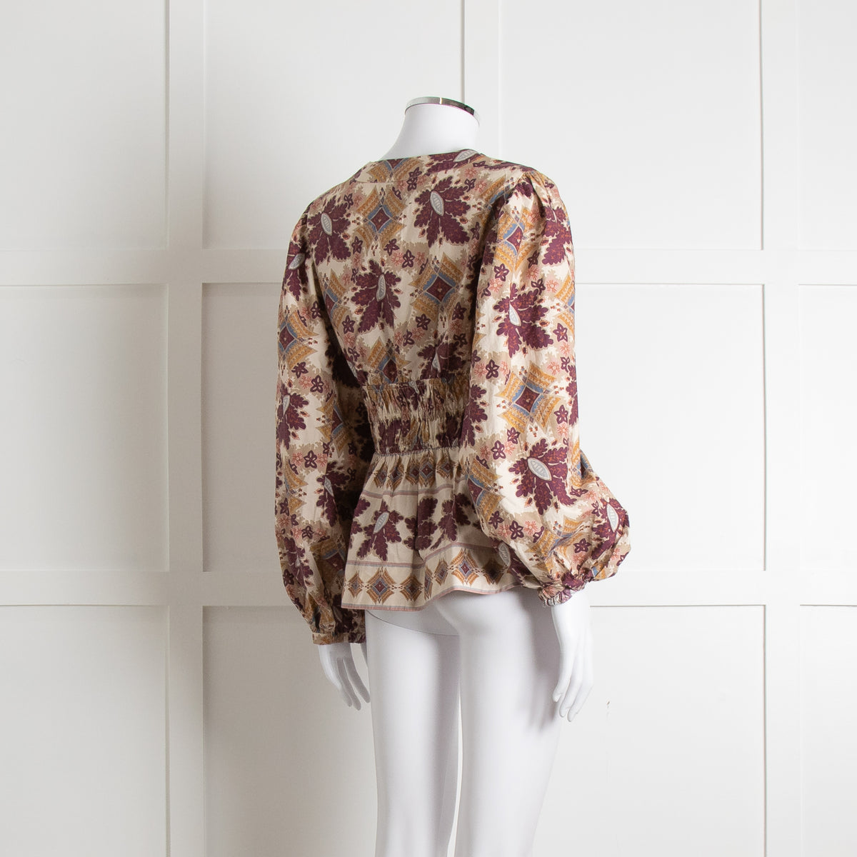 Cara Cara Cream Burgundy Brown Elasticated Waist Long Sleeve Cotton Top