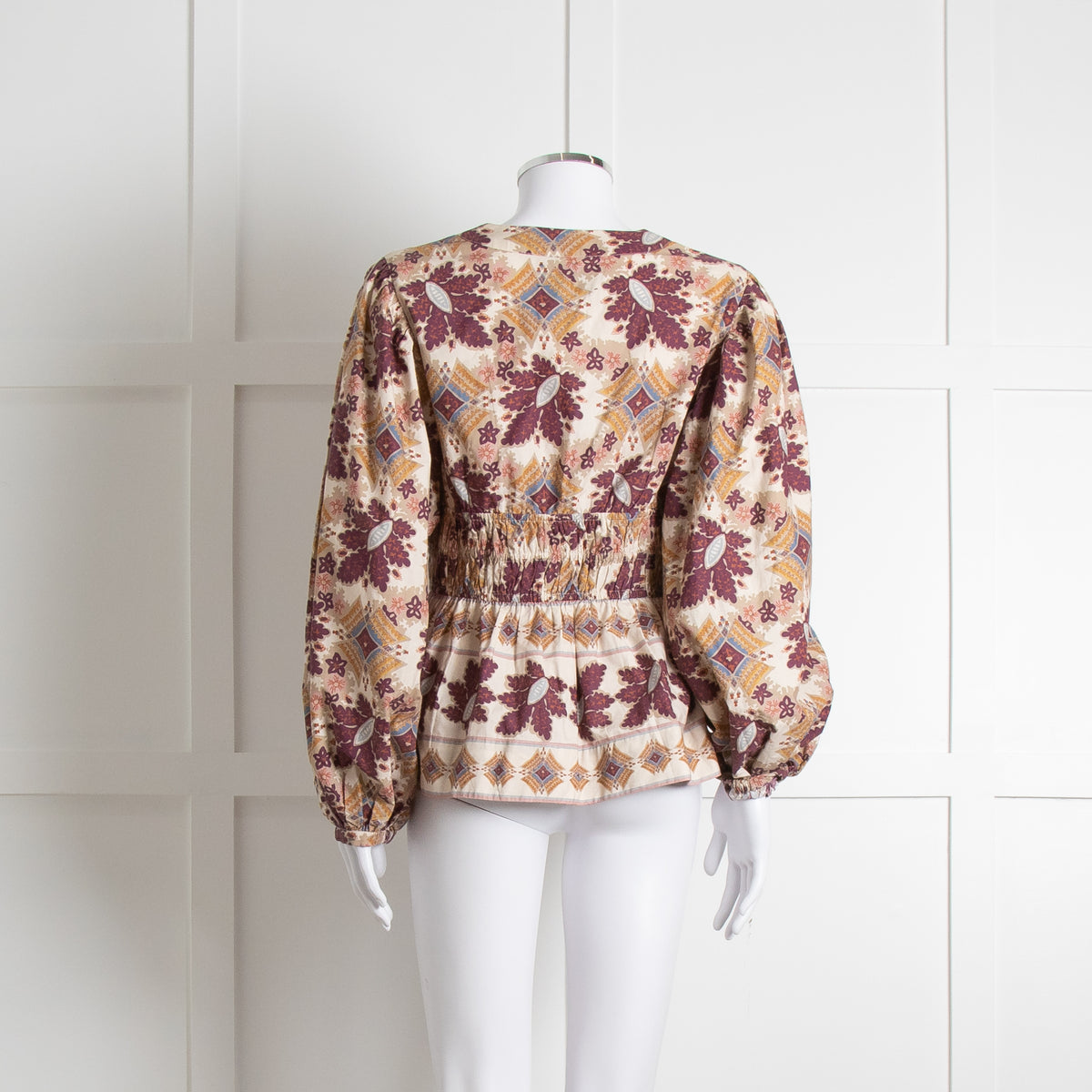 Cara Cara Cream Burgundy Brown Elasticated Waist Long Sleeve Cotton Top
