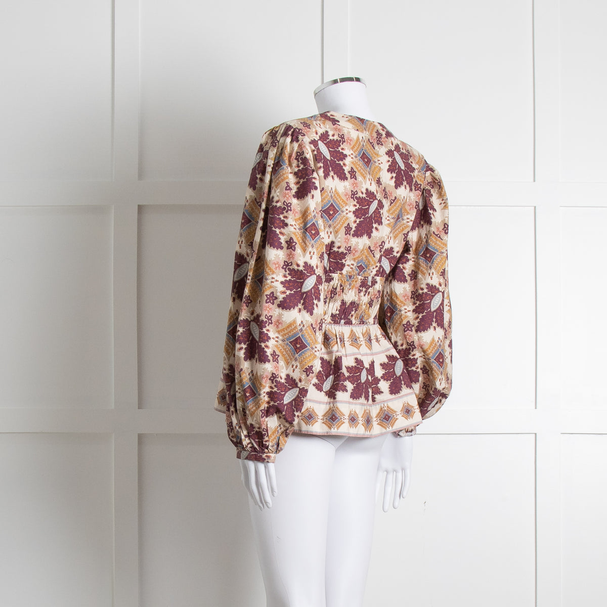 Cara Cara Cream Burgundy Brown Elasticated Waist Long Sleeve Cotton Top