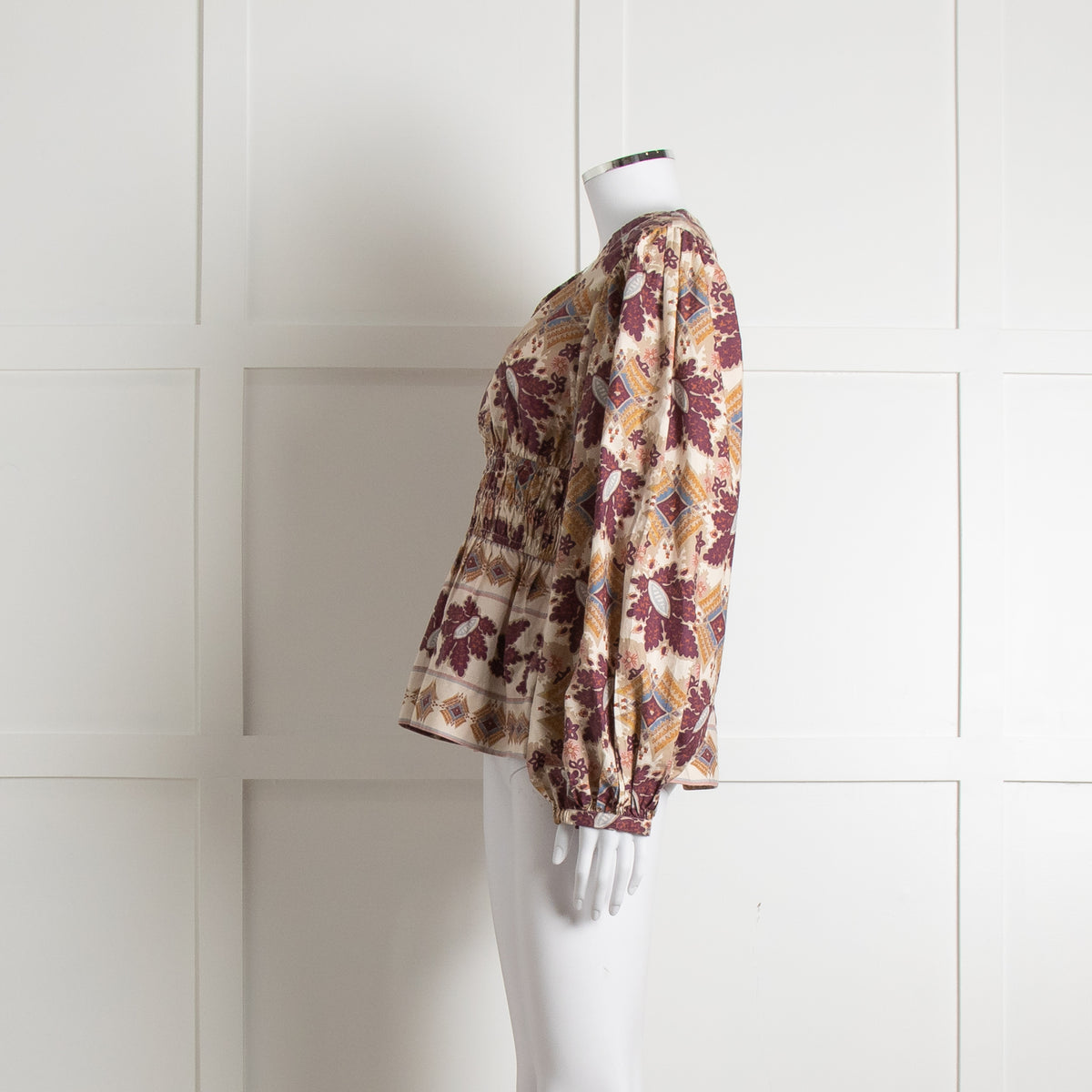 Cara Cara Cream Burgundy Brown Elasticated Waist Long Sleeve Cotton Top