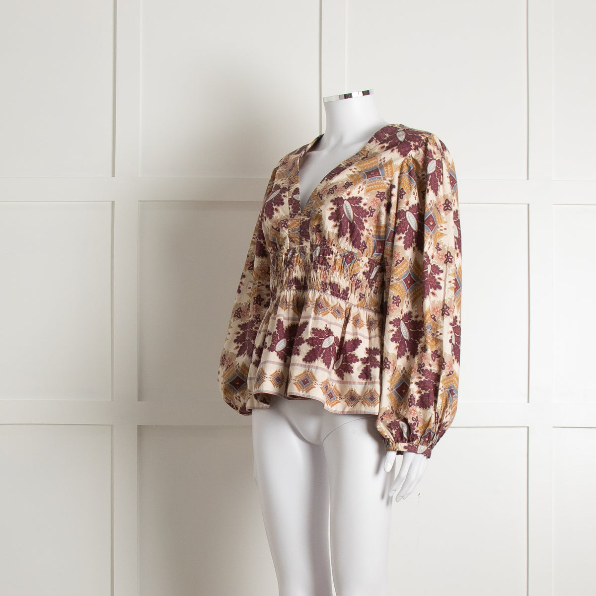 Cara Cara Cream Burgundy Brown Elasticated Waist Long Sleeve Cotton Top