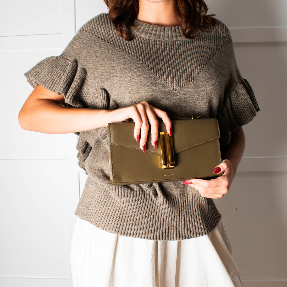 DeMellier Vancouver Olive Green Leather Clutch Bag