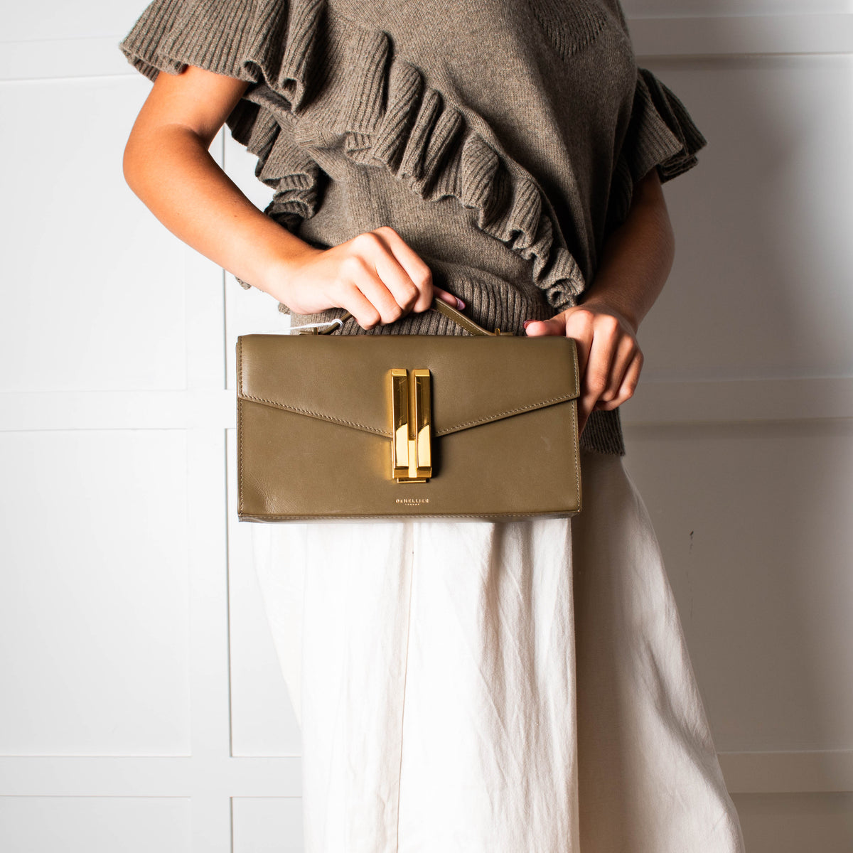 DeMellier Vancouver Olive Green Leather Clutch Bag
