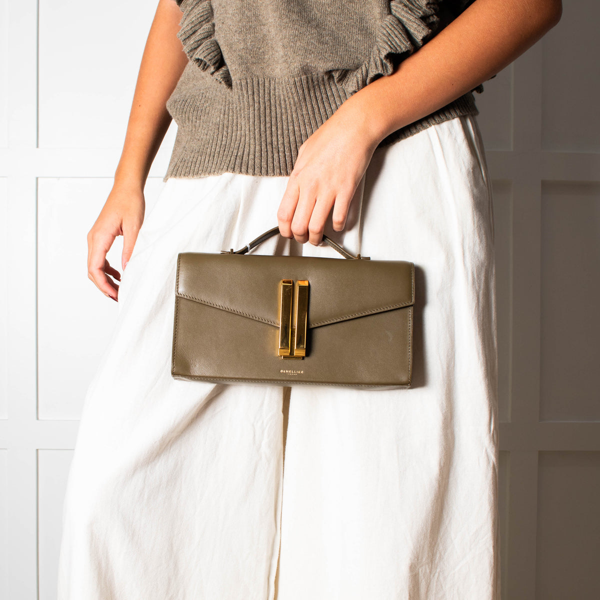 DeMellier Vancouver Olive Green Leather Clutch Bag