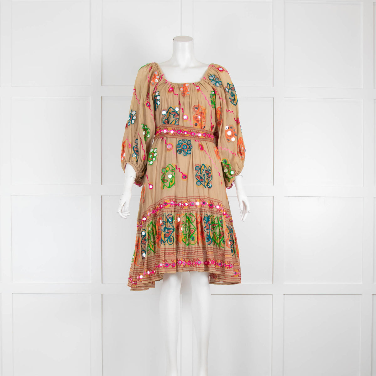 Juliet Dunn Tan Beach Dress with multicolour mirrors