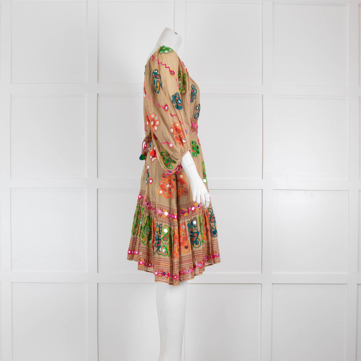 Juliet Dunn Tan Beach Dress with multicolour mirrors