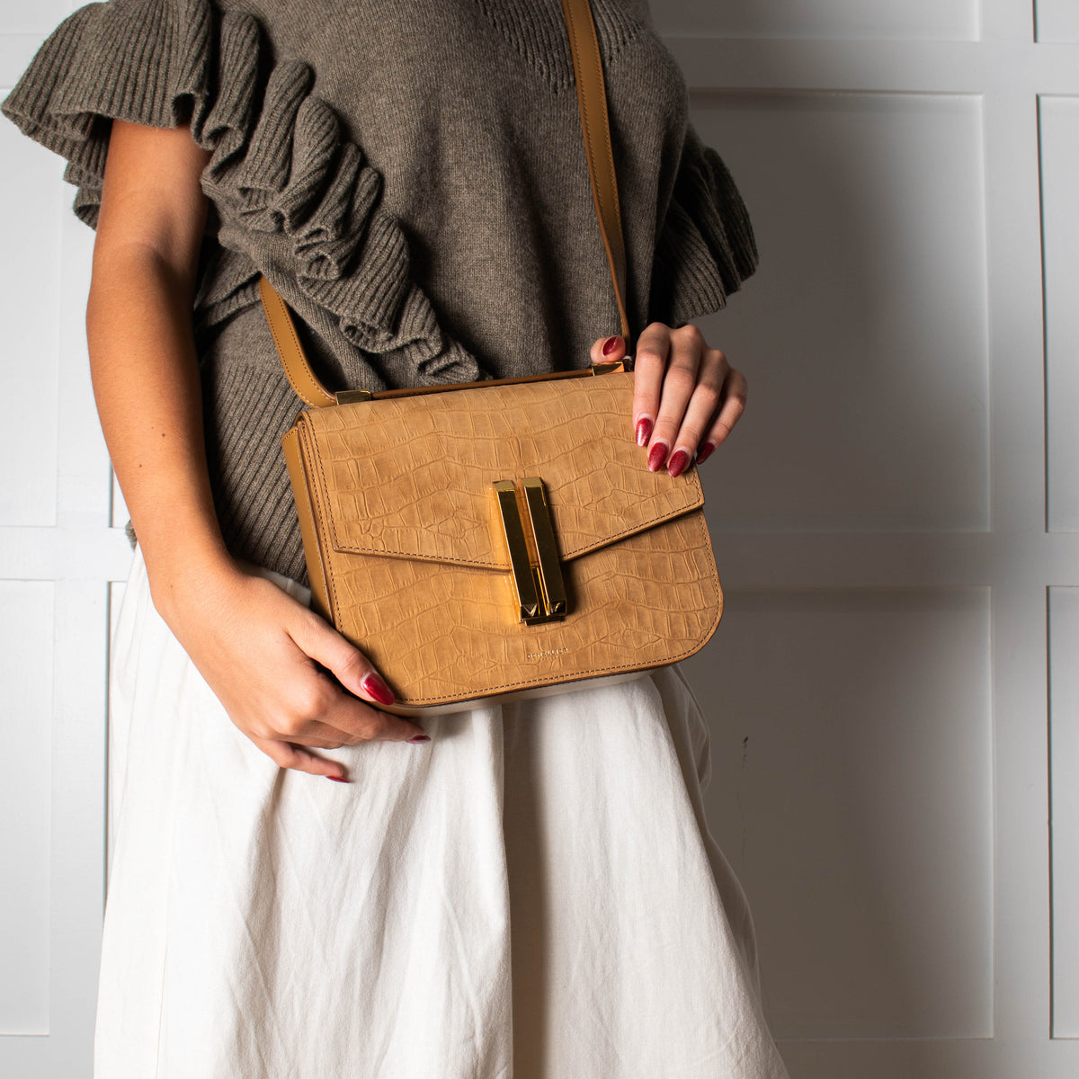 DeMellier Vancouver tan mock-croc leather crossbody bag