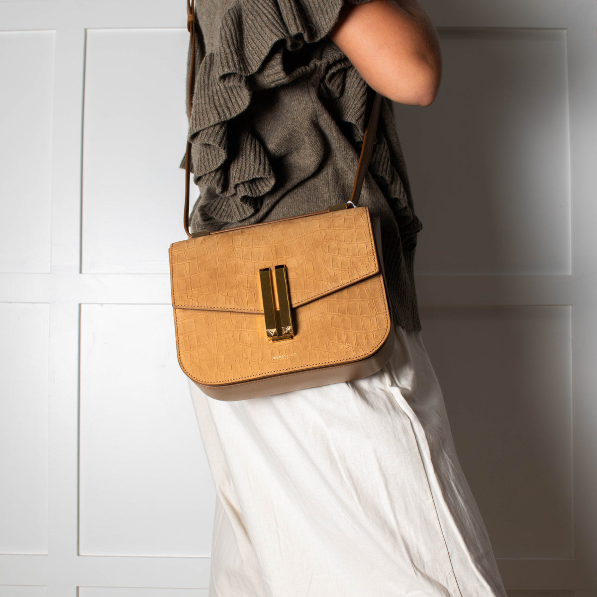 DeMellier Vancouver tan mock-croc leather crossbody bag