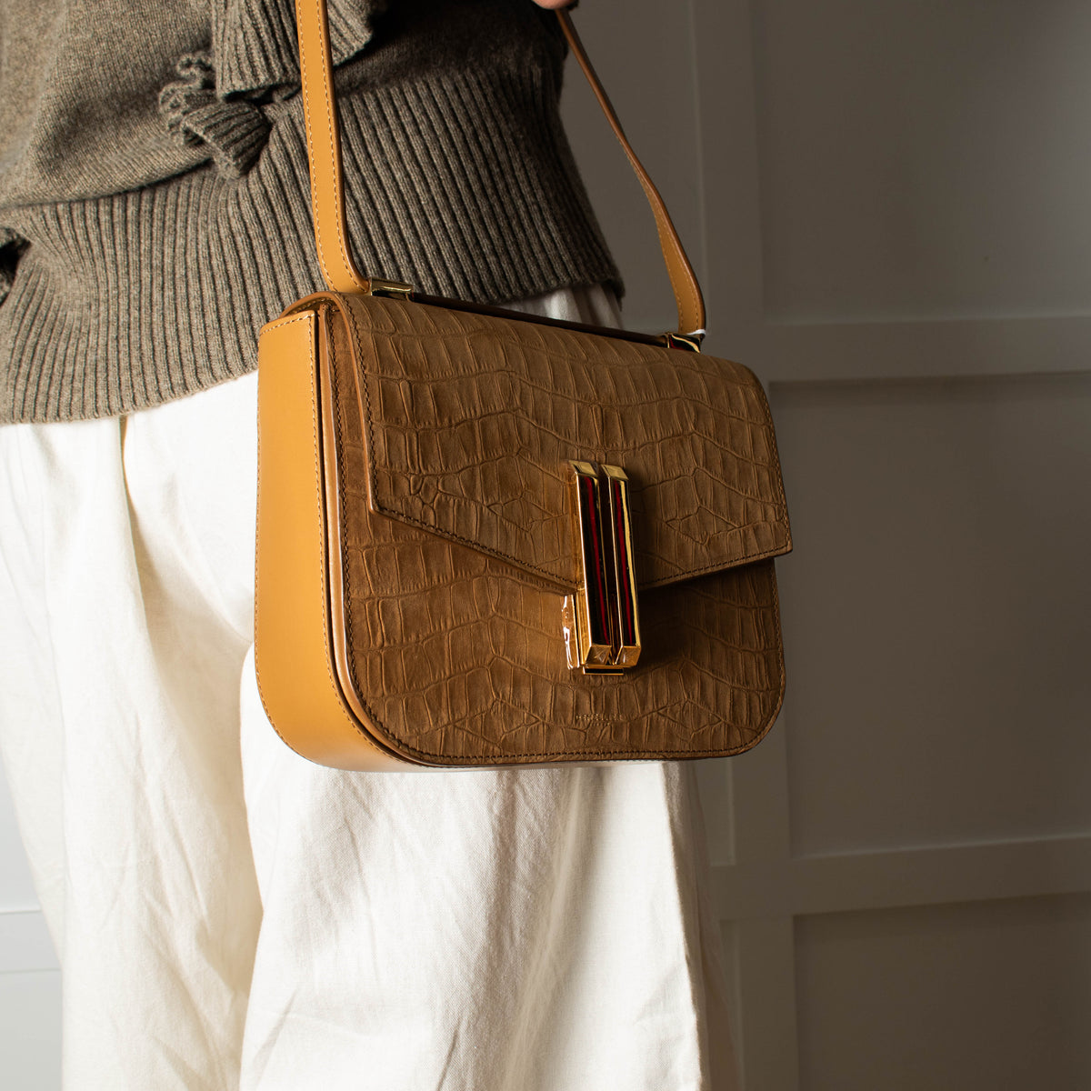 DeMellier Vancouver tan mock-croc leather crossbody bag