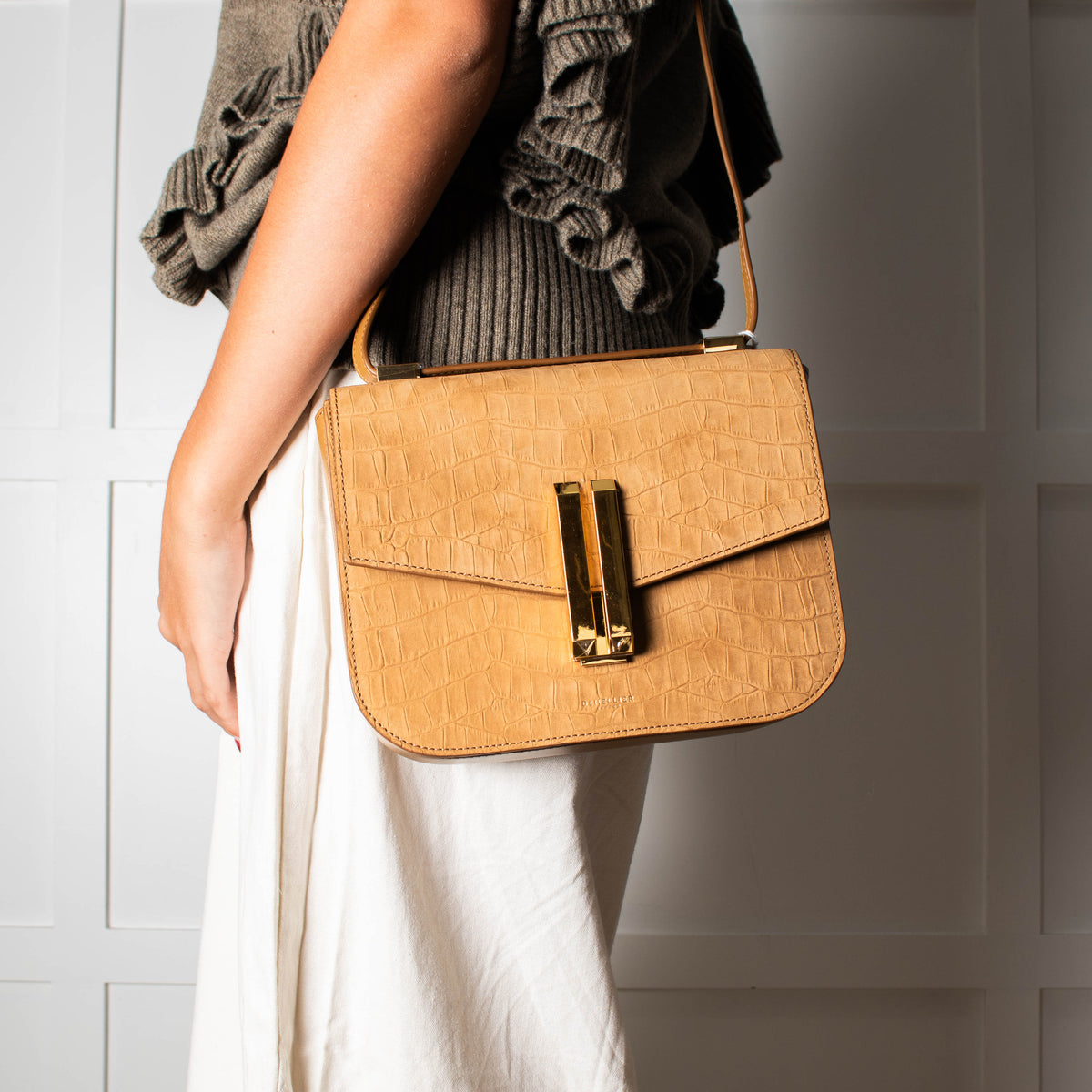 DeMellier Vancouver tan mock-croc leather crossbody bag