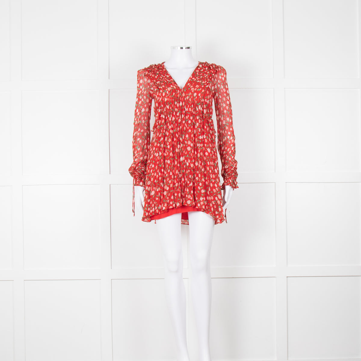 The Kooples Red Pink Green Floral Print Sleeved Dress