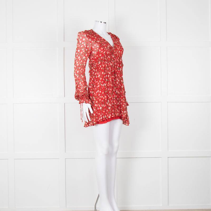 The Kooples Red Pink Green Floral Print Sleeved Dress