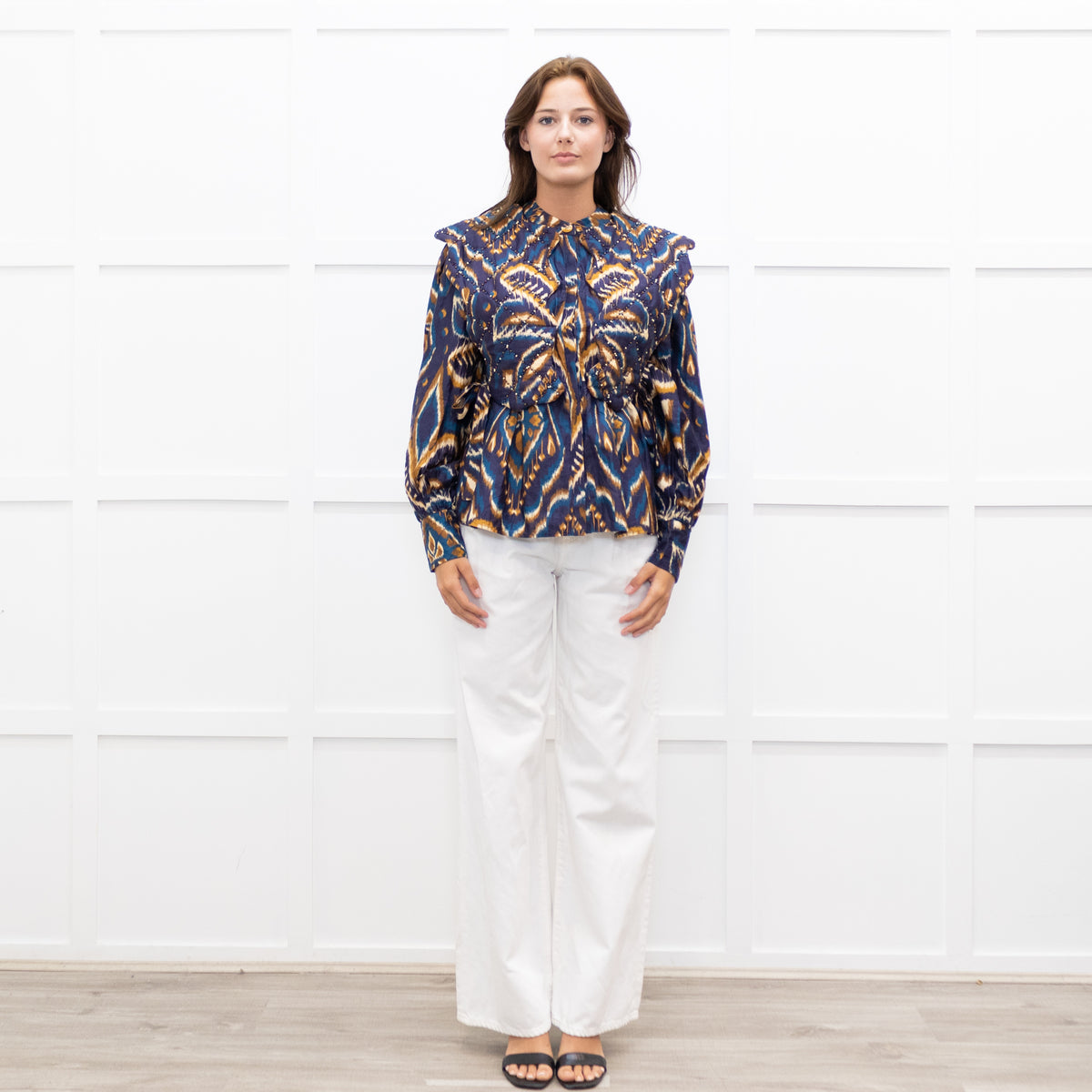 Farm Rio Navy Brown Beaded Quilted Detail Long Sleeve Top