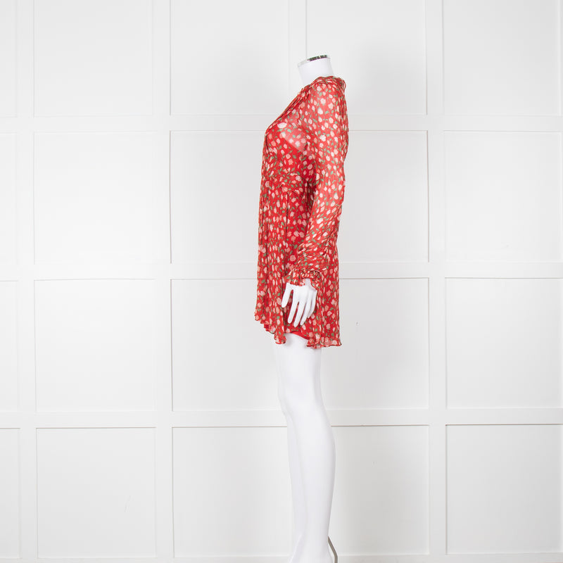 The Kooples Red Pink Green Floral Print Sleeved Dress