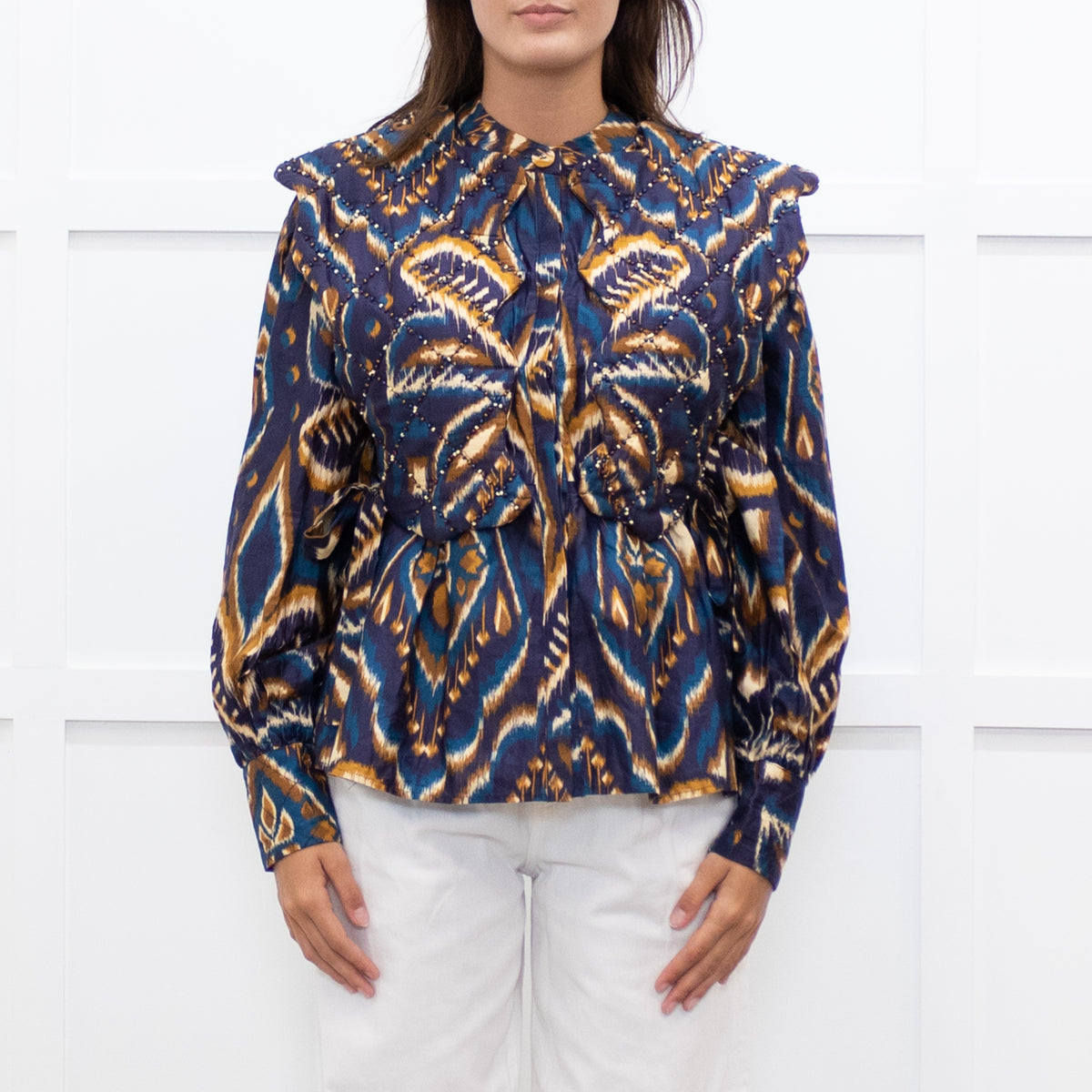 Farm Rio Navy Brown Beaded Quilted Detail Long Sleeve Top