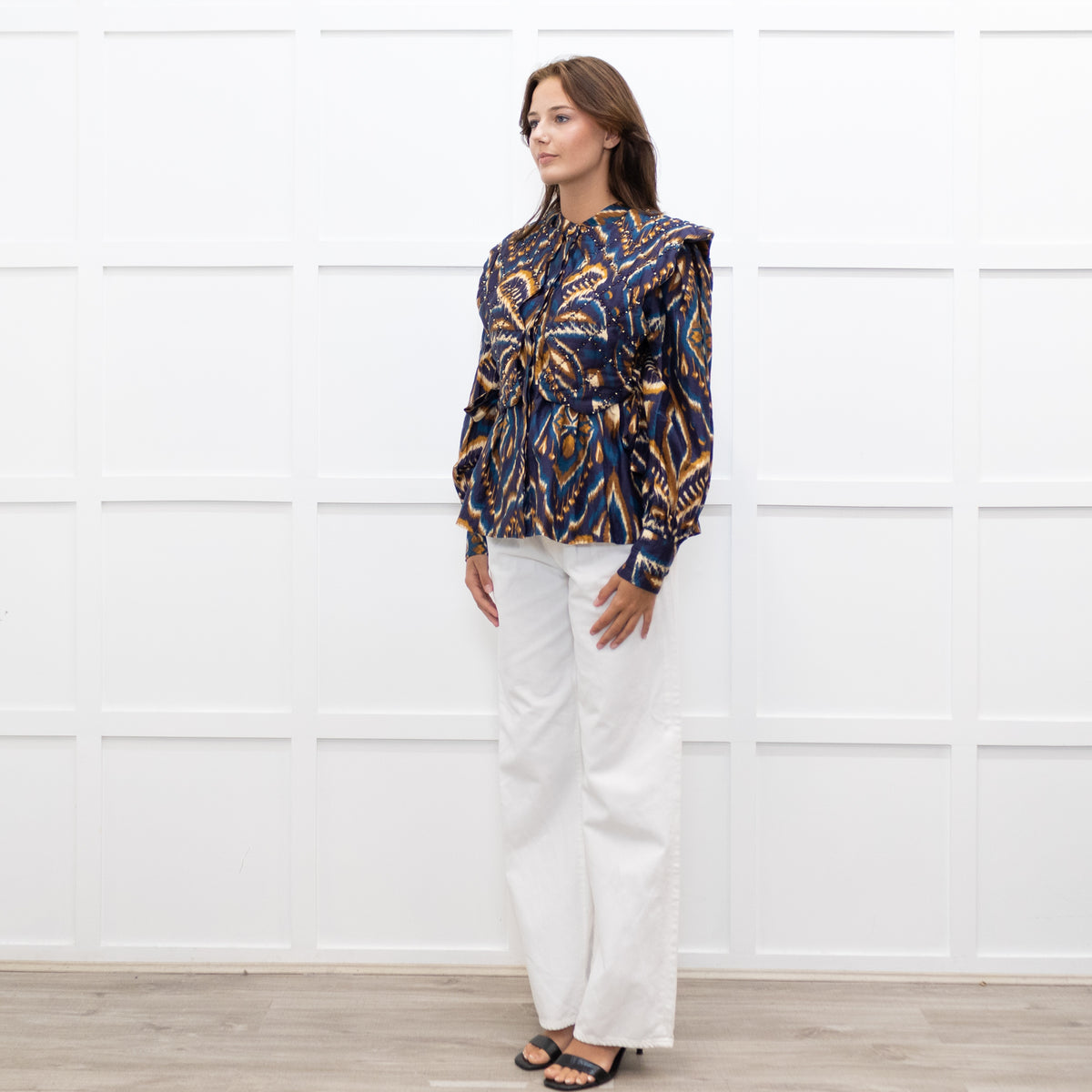 Farm Rio Navy Brown Beaded Quilted Detail Long Sleeve Top