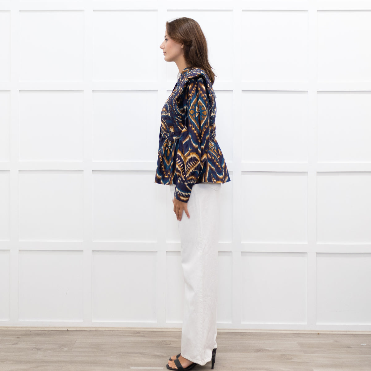 Farm Rio Navy Brown Beaded Quilted Detail Long Sleeve Top