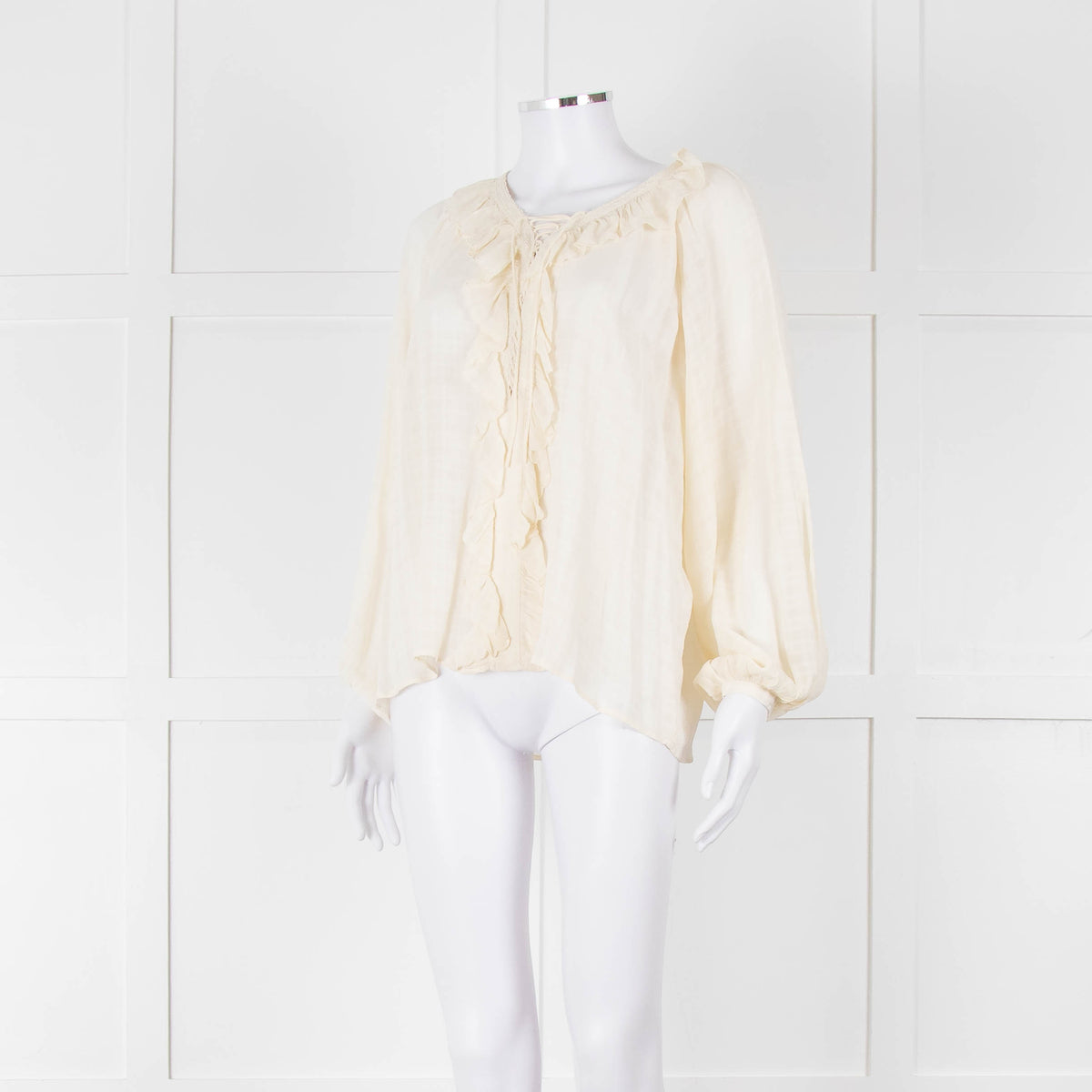 Vanessa Bruno Cream On Cream Check Print Frill Trim Blouse