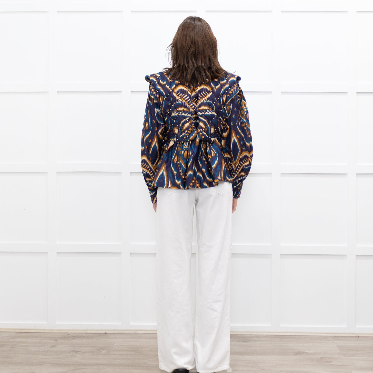Farm Rio Navy Brown Beaded Quilted Detail Long Sleeve Top