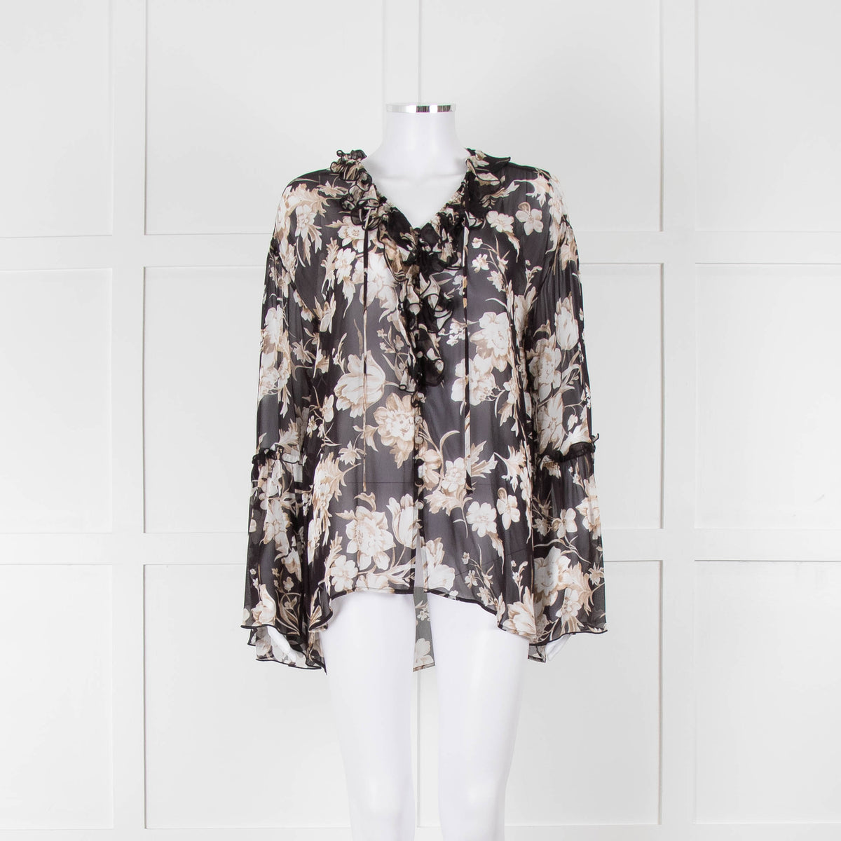 The Kooples Black Beige Floral Frill Long Sleeve Sheer Blouse