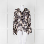 The Kooples Black Beige Floral Frill Long Sleeve Sheer Blouse