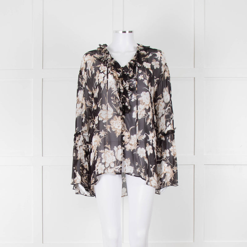 The Kooples Black Beige Floral Frill Long Sleeve Sheer Blouse
