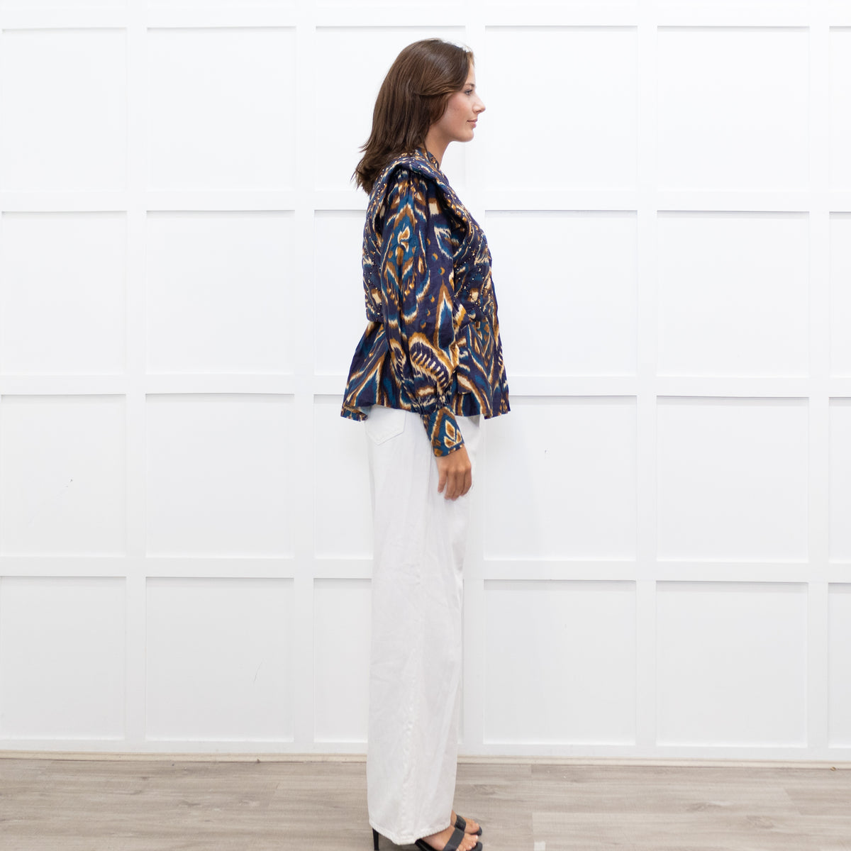 Farm Rio Navy Brown Beaded Quilted Detail Long Sleeve Top