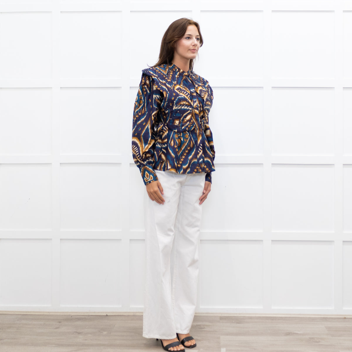 Farm Rio Navy Brown Beaded Quilted Detail Long Sleeve Top