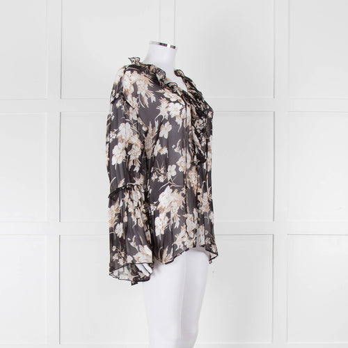 The Kooples Black Beige Floral Frill Long Sleeve Sheer Blouse