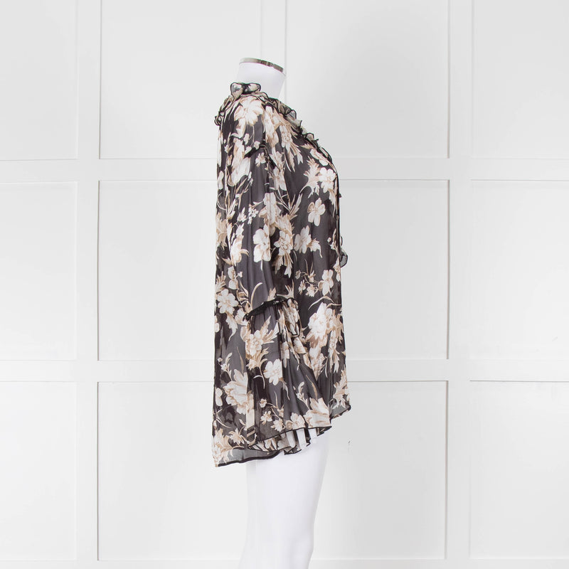 The Kooples Black Beige Floral Frill Long Sleeve Sheer Blouse