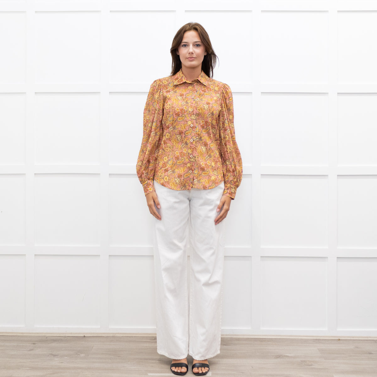 Mirto Orange Paisley Print Long Sleeve Blouse