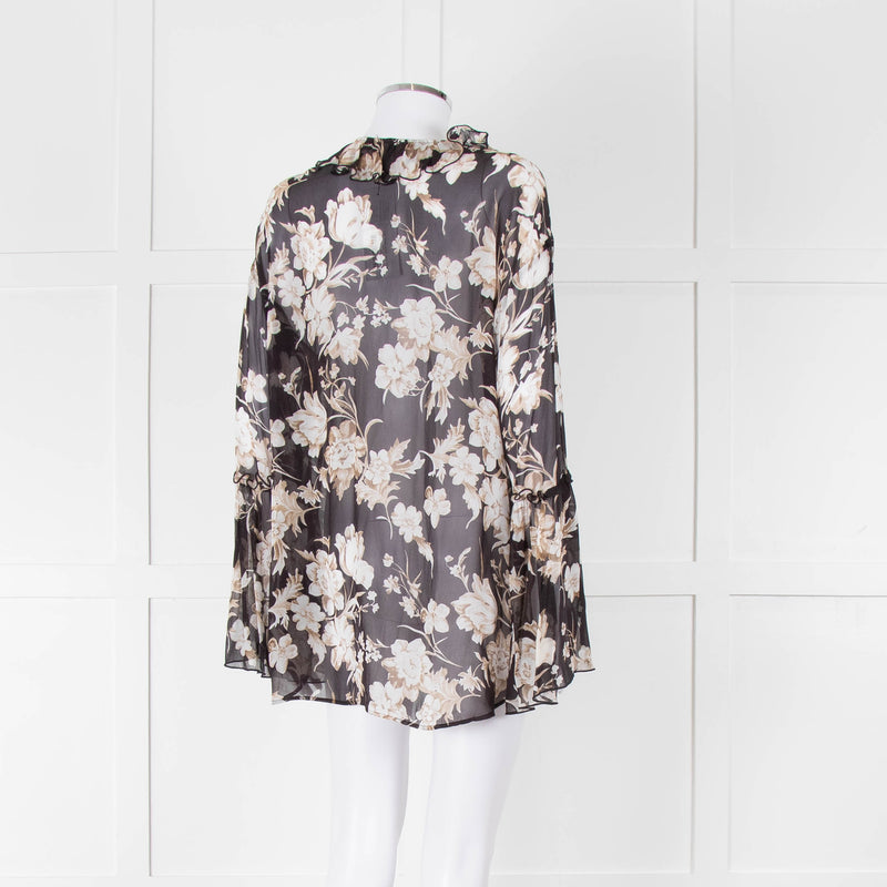 The Kooples Black Beige Floral Frill Long Sleeve Sheer Blouse