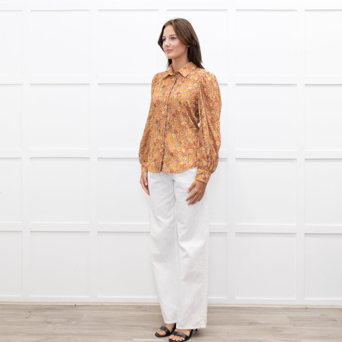 Mirto Orange Paisley Print Long Sleeve Blouse