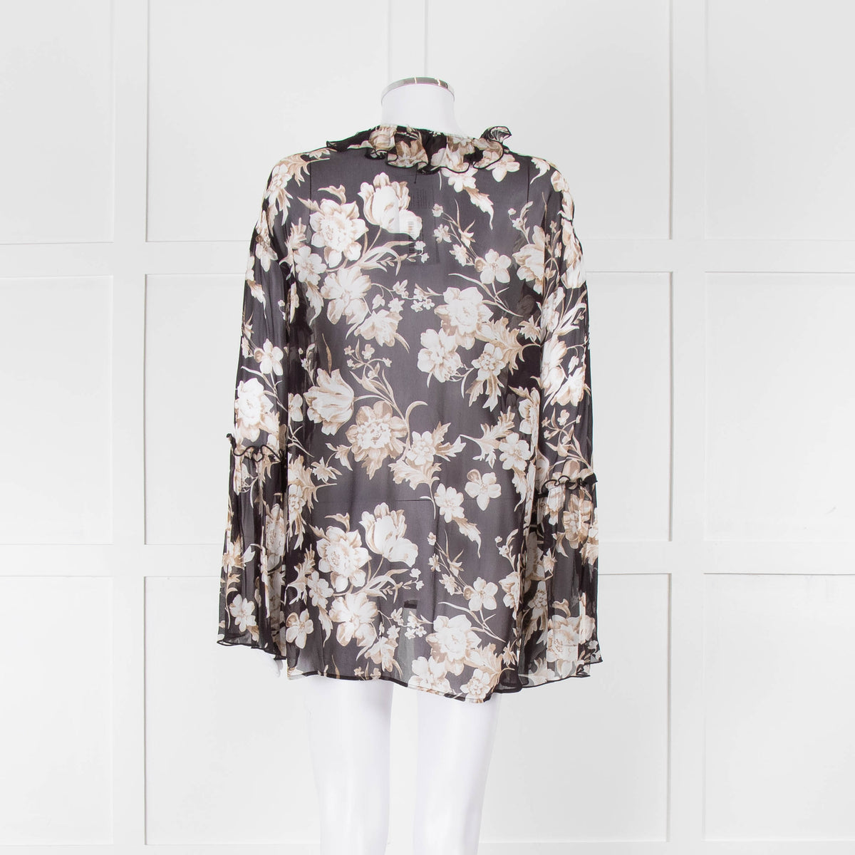 The Kooples Black Beige Floral Frill Long Sleeve Sheer Blouse
